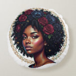 Black Woman Dark Floral Afro Rund Kudde<br><div class="desc">Celebrate the beauty of black women with this gorgeous print showcasing a gorgeous AfricanAmerican woman wearing her crowning glory in a classic round curly afro. Her naturally elegant hair is accented with deep jewel tone flowers. Check out the Beautifully Black shop for matching items!</div>
