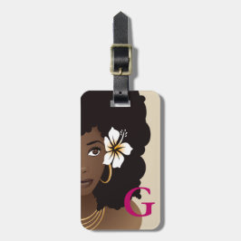 Black Woman Flower in Hair, Monogram, Rosa & Beige Bagagebricka