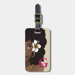 Black Woman Flower in Hair, Monogram, Rosa & Beige Bagagebricka