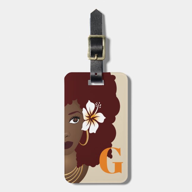 Black Woman Flower in Red Afro, Orange, Initial Bagagebricka (Vertikal Framsida)