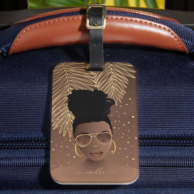 Black Woman, Guld Shades & Handflatan Löv, Brown Bagagebricka (Framsida Insitu 2)