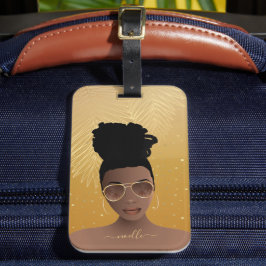 Black Woman, Guld Shades & Handflatan Löv Gult Gul Bagagebricka