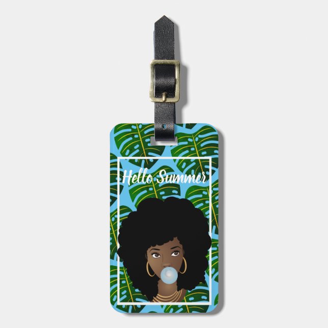 Black Woman, Hej Summer, Tropical Löv, Blue Bagagebricka (Vertikal Framsida)