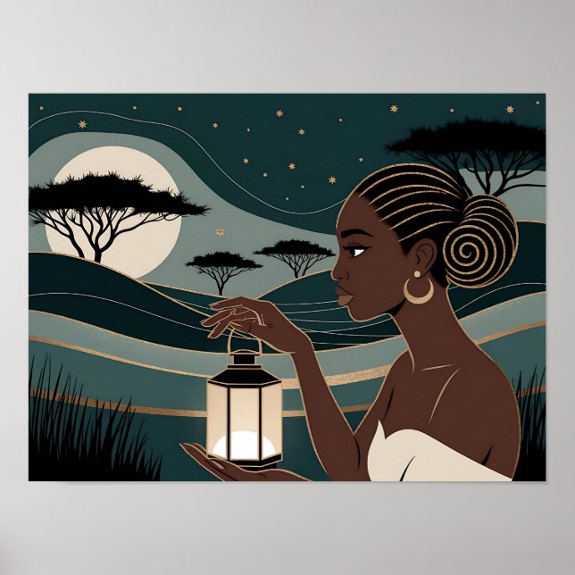 Black Woman Holding a Lantern at Night Poster (Framsidan)
