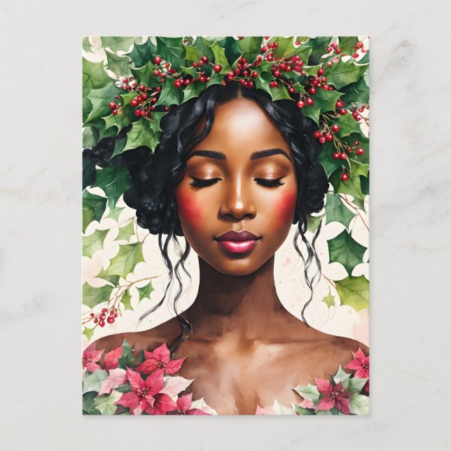 Black Woman jul Holly Poinsettia Art Helg Vykort (Framsida)