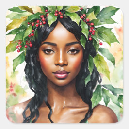 Black Woman jul Holly Watercolor Art Fyrkantigt Klistermärke