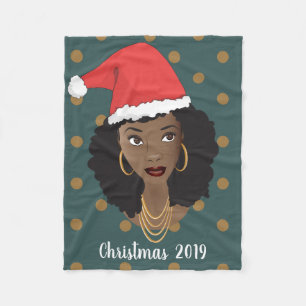 Black Woman, jultomten Hat, Polka Dot Teal Fleecefilt