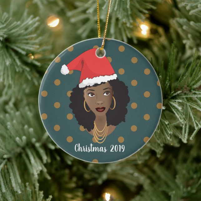 Black Woman, jultomten Hat, Polka Dot Teal Julgransprydnad Keramik (Träd)