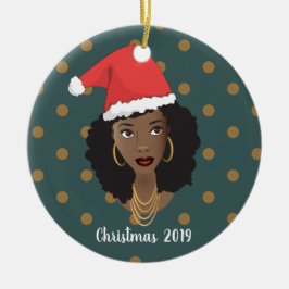 Black Woman, jultomten Hat, Polka Dot Teal Julgransprydnad Keramik