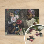Black Woman med Peonies | é dé ric Bazille Pussel<br><div class="desc">Black Woman with Peonies (1870) by Fransk impressionist artist Fré dé ric Bazille. Originalteckningen är en oljemålning på arbetsytan som skildrar en svart kvinna med en lush-matris med blommor. Använda verktygen för att lägga till anpassningsbar eller anpassa bilden.</div>