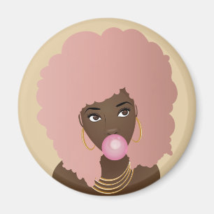 Black Woman med Rosa Afro, Popping Rosa Bubblegum Magnet
