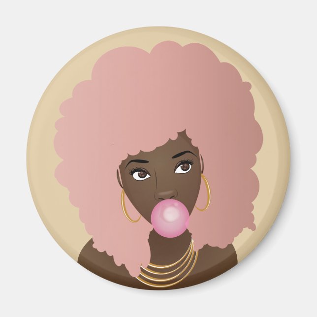 Black Woman med Rosa Afro, Popping Rosa Bubblegum Magnet (Framsidan)
