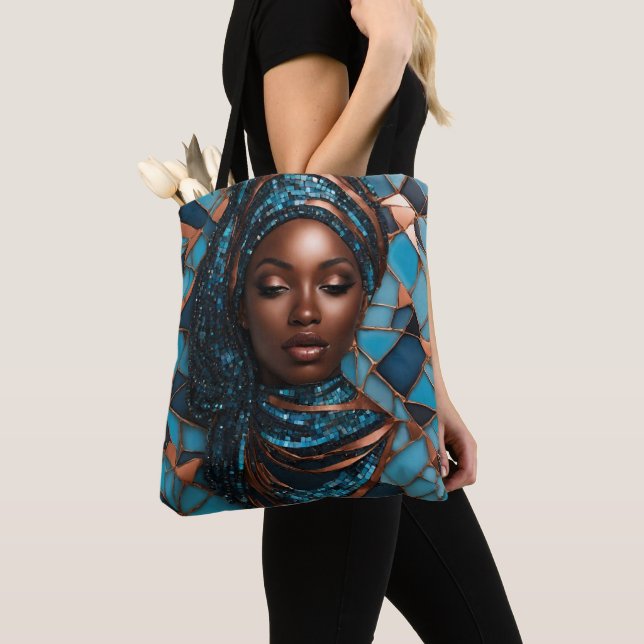 Black Woman Mosiac Blue Copper Tote Tygkasse (Närbild)