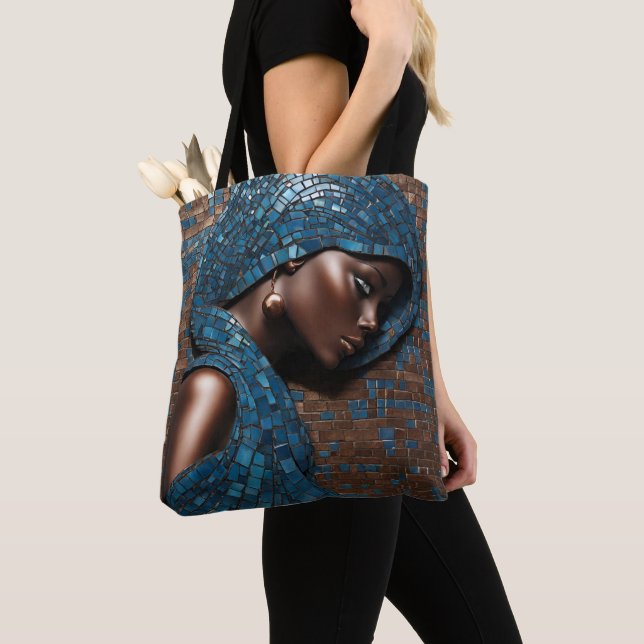 Black Woman Mosiac Blue Copper Tote Tygkasse (Närbild)