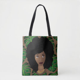 Black Woman, Natural Hair, Grönt Löv, Brown Tygkasse