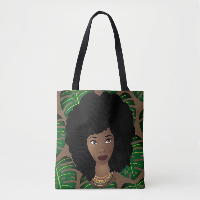 Black Woman, Natural Hair, Grönt Löv, Brown Tygkasse (Framsida)