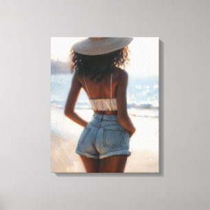 Black Woman på Beach Wearing Summer Hat Canvastryck