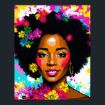 Black Woman Pop Art Multifärgad Poster<br><div class="desc">Den här unika teckningen har en vacker svart kvinna med naturligt afro-hår i ett sjudande popkonst porträtt med färgstarka blommor och en multifärgad abstrakt bakgrund. En antydan om 70-talets estetik med djärv,  ljusa färger,  den här melaninskönhetskonsten kan göra ställe ljusare!</div>