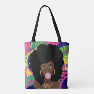 Black Woman Popping Rosa Bubblegum, färgstark Tygkasse