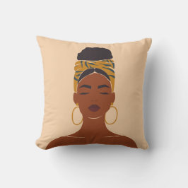 Black Woman Porträtt, Head Wrap & Ringar Kudde