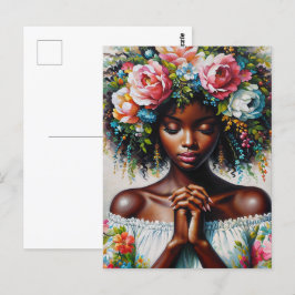 Black Woman Praying Colorful Blommigt Art Vykort