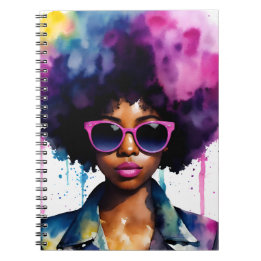 Black Woman Rainbow Afro Hair och Sunglass Art Anteckningsbok