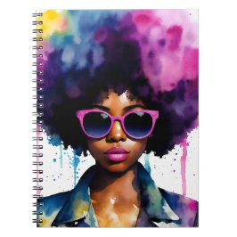 Black Woman Rainbow Afro Hair och Sunglass Art Anteckningsbok