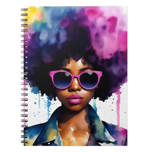 Black Woman Rainbow Afro Hair och Sunglass Art Anteckningsbok (Framsidan)