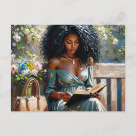 Black Woman Reading - Spring Floral Art Vykort