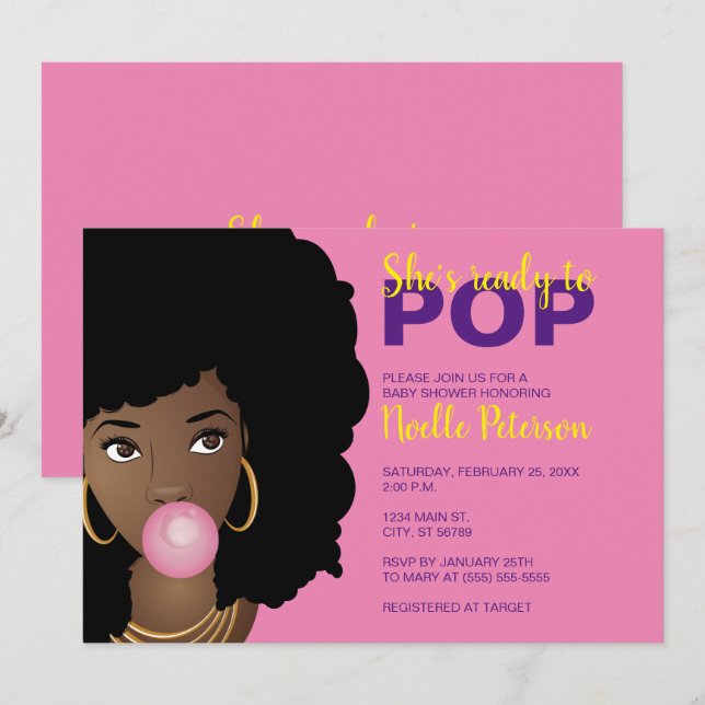 Black Woman-Redo till Pop, Bubblegum Theme, Rosa Inbjudningar (Fram/baksida)