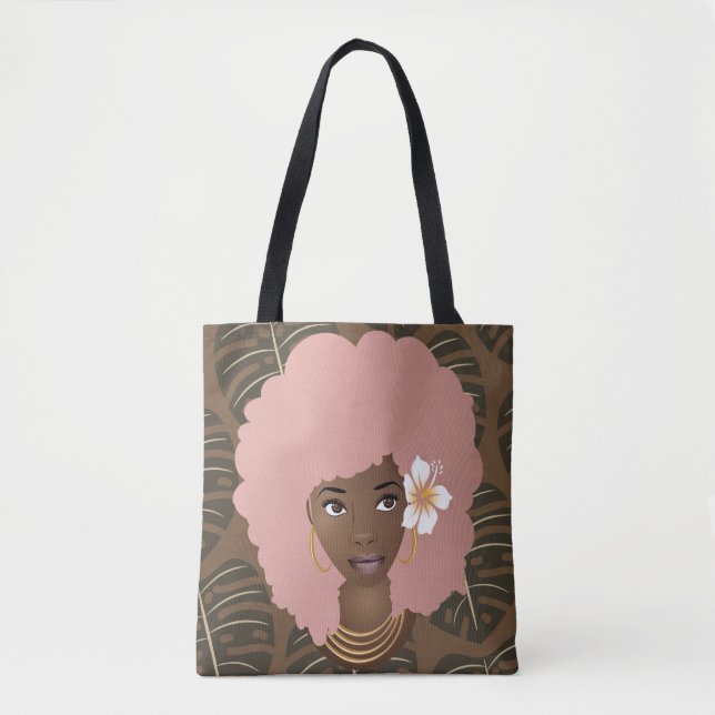 Black Woman, Rosa Afro, Löv Mönster, Brown Tygkasse (Framsida)