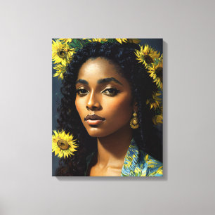 Black Woman Solros Porträtt Van Gogh Stil Canvastryck