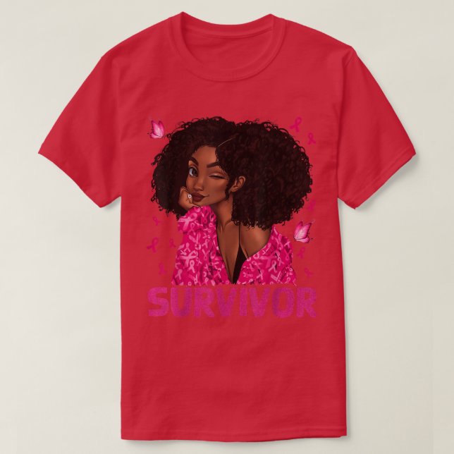 Black Woman Survivor Ribbon Bröstcancer överlevand T Shirt (Design framsida)