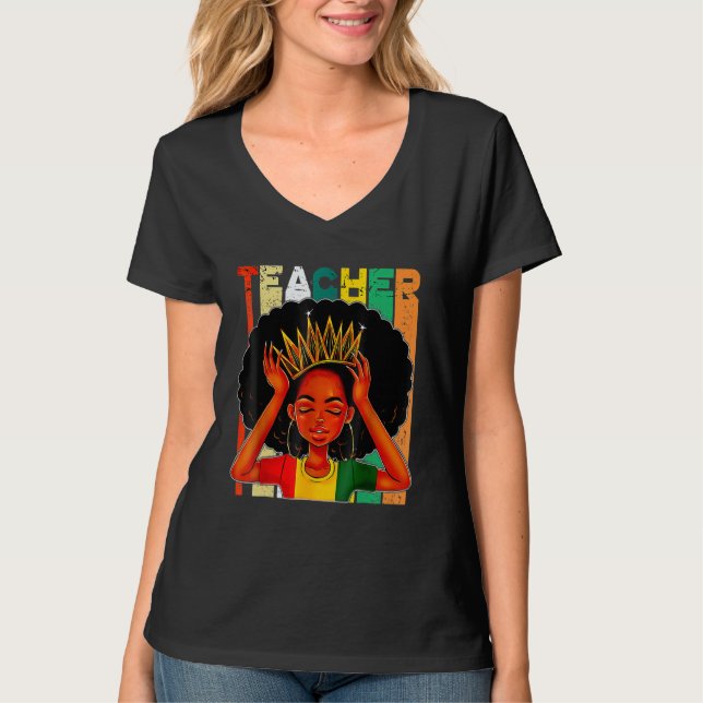 Black Woman Teacher Afro Retro Matching Black Hist T Shirt (Framsida)