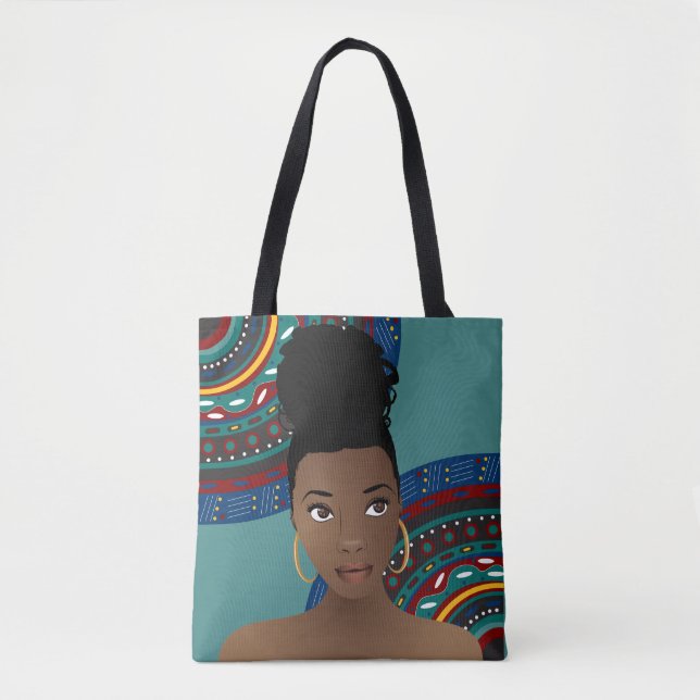 Black Woman, Top Knot, Tribal Inspired, Teal Tygkasse (Framsida)