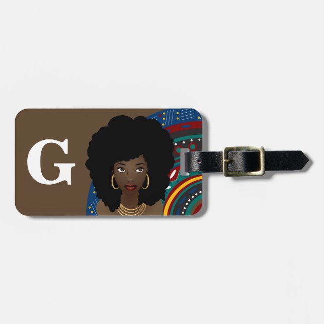 Black Woman, Tribal Inspired, Monogram, Brown Bagagebricka (Horisontell Framsida)