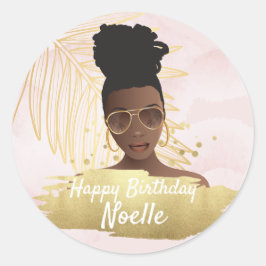 Black Woman, Tropical Golden Pink Birthday Runt Klistermärke