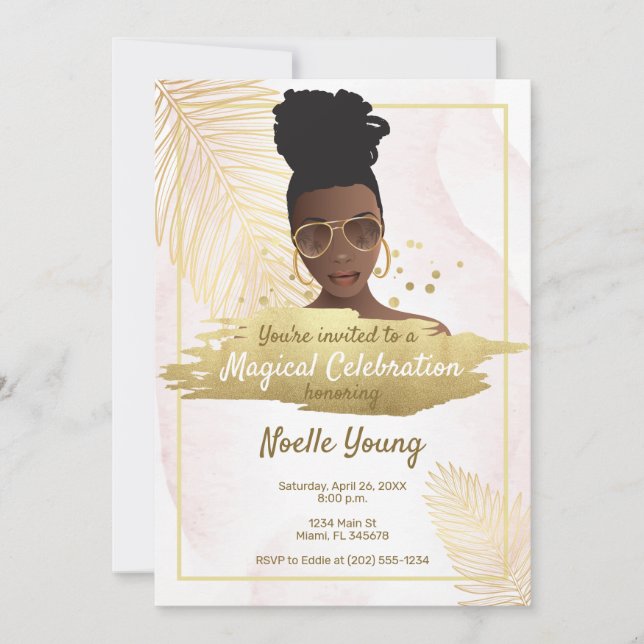 Black Woman, Tropical Golden Rosa Birthday Inbjudningar (Framsida)