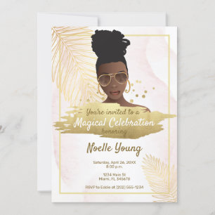 Black Woman, Tropical Golden Rosa Birthday Inbjudningar