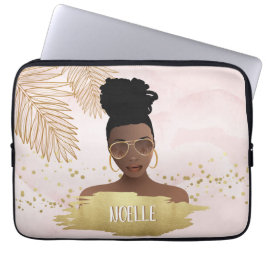 Black Woman, Tropical Guld Löv & Shades, Rosa Laptop Fodral