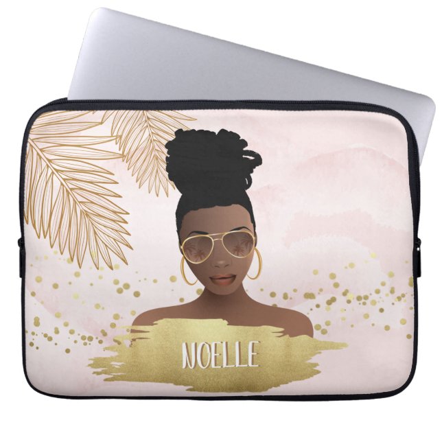 Black Woman, Tropical Guld Löv & Shades, Rosa Laptop Fodral (Framsidan)