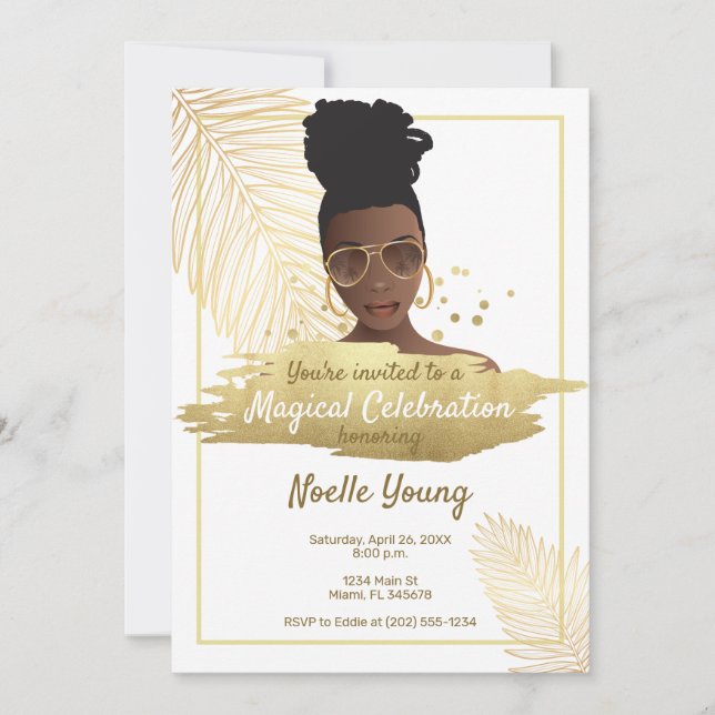 Black Woman w/Shades, Tropical Golden Birthday Inbjudningar (Framsida)