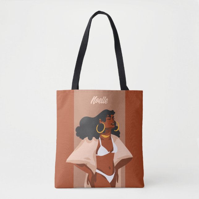 Black Woman, White Bikini, Beach Redo, Brown Tygkasse (Framsida)