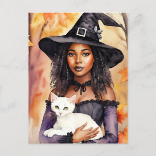 Black Woman Witch med höstfärg för katt Vykort