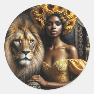 Black Woman With Lion Sunflower Crown Runt Klistermärke