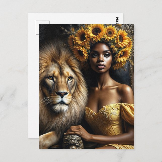 Black Woman With Lion Sunflower Leo Vykort (Fram/baksida)