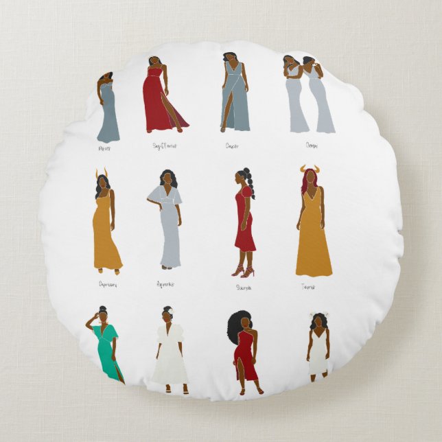 Black Woman Zodiac Pillow Rund Kudde (Framsidan)
