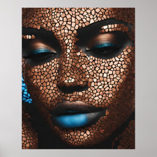 Black Womens Blue Copper Mosaic Ansikte Wall Art Poster