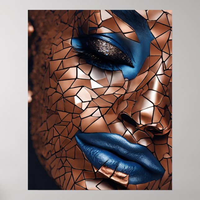 Black Womens Blue Copper Mosaic Ansikte Wall Art Poster (Framsidan)