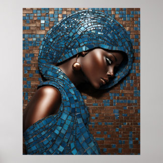 Black Womens Blue Copper Mosaic Ansikte Wall Art Poster